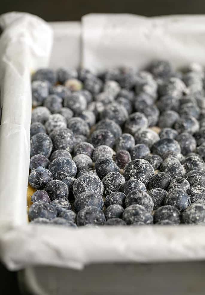 closeup of single layer of blueberries dusted in flour in a metal pan lined with paper