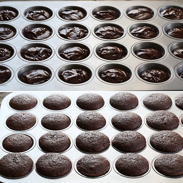 Raw and baked two bite brownies in miniature muffin tins