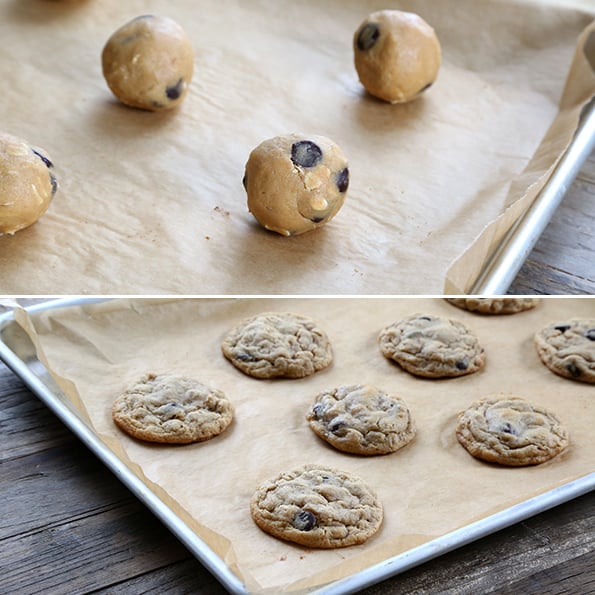 A photo with peanut butter oatmeal chocolate chip cookies raw and baked on tray