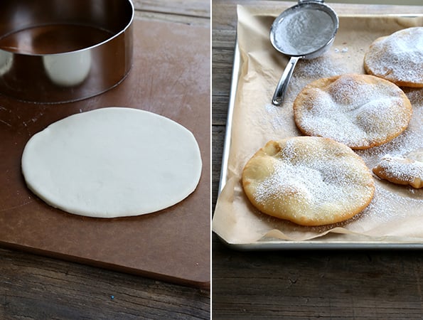 Fry bread dough and fry bread on brown surface 