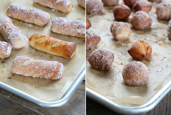 Pretzel bites being coated with sugar