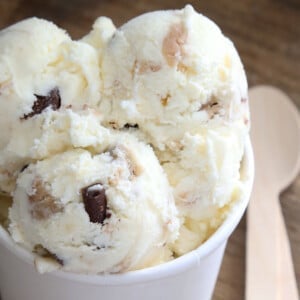 3 scoops gluten free cookie dough ice cream in white container