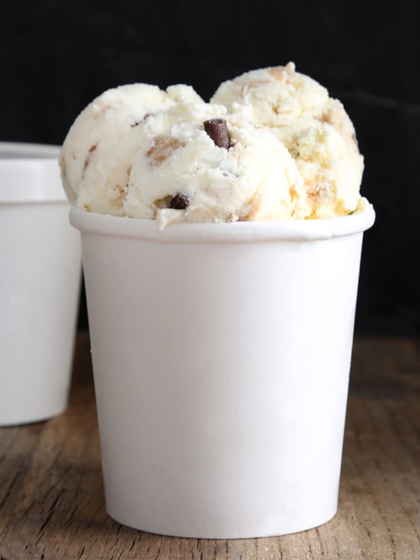 Chocolate Chip Cookie Dough Ice Cream in white jar 