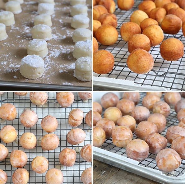 Closeup images of donut holes rising, as fried, and as glazed.