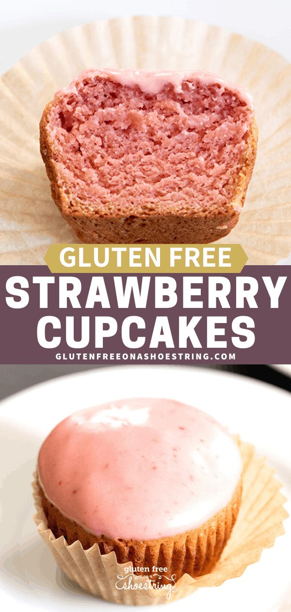 Gluten free strawberry cupcake whole on plate showing glaze, and cut in half on a plate