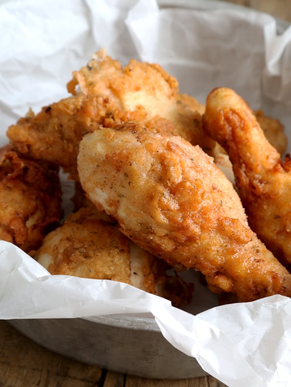 gluten free fried chicken on white surface 