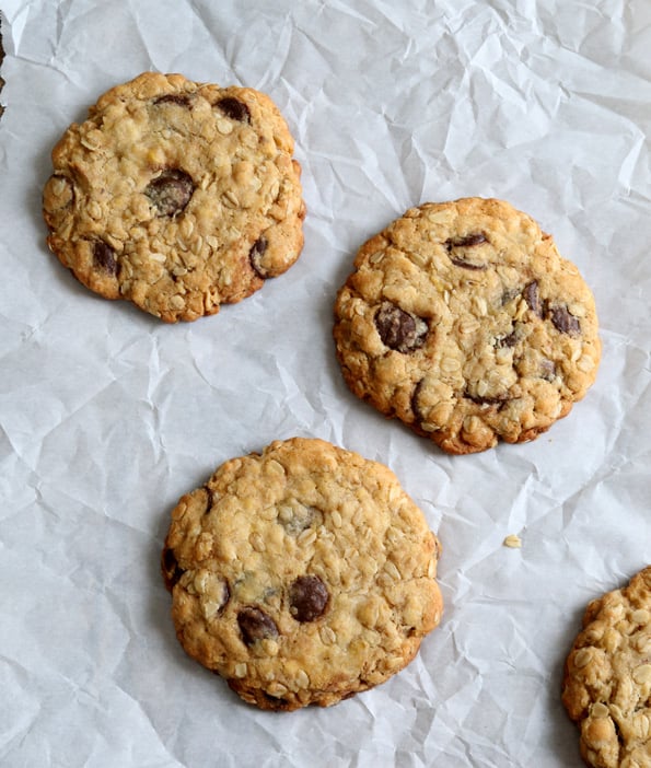 Overhead view of Oatmeal Chocolate Chip Cookies on white surface 