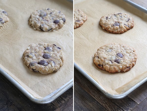 Oatmeal Chocolate Chip Cookie dough and Oatmeal Chocolate Chip Cookies on brown surface 