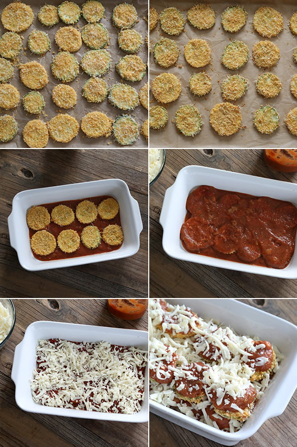 Overhead view of zucchini parmesan being assembled 