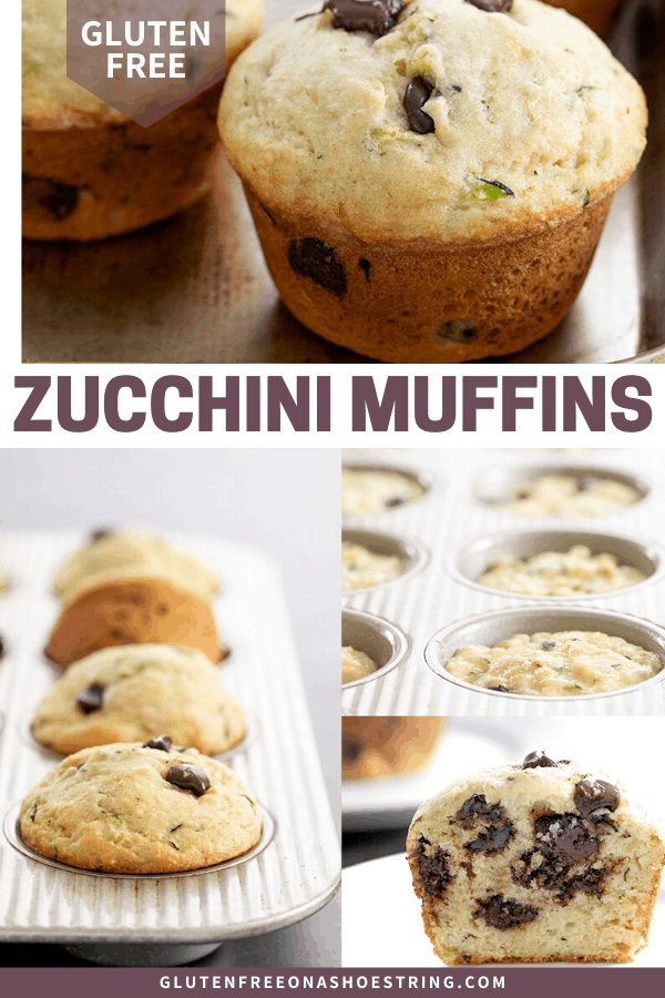 Zucchini muffins raw in a pan, baked in a pan, cut in half and whole on a tray