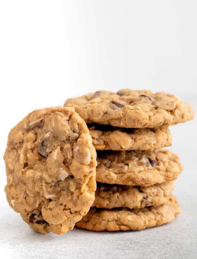 Stack of cowboy cookies with one on its side