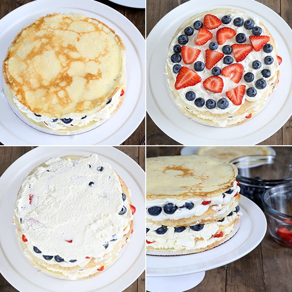 Overhead view of crepes cake being assembled 