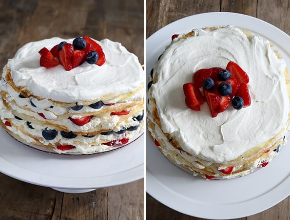 Side and overhead view of crepe cake on white cake dish