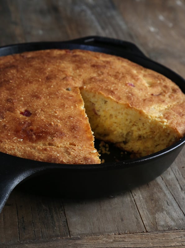 A close up of Jalapeño Cornbread in black pan