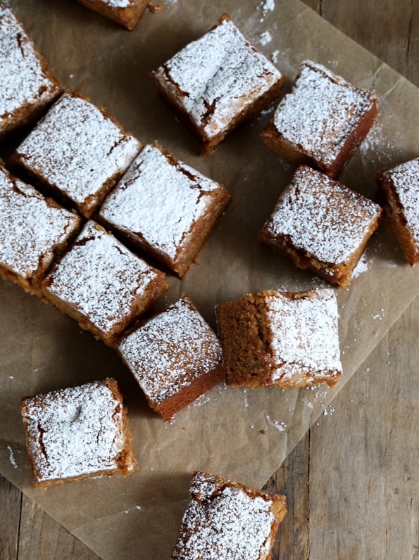 Overhead view of gingerbread snack cake on brown surface 