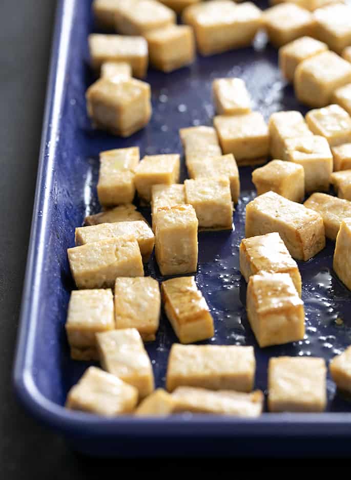 Baked tofu for serving in gluten free ramen noodles soup.