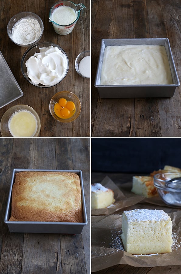 Custard cake ingredients and cake batter, along with baked custard cake on wooden surface 