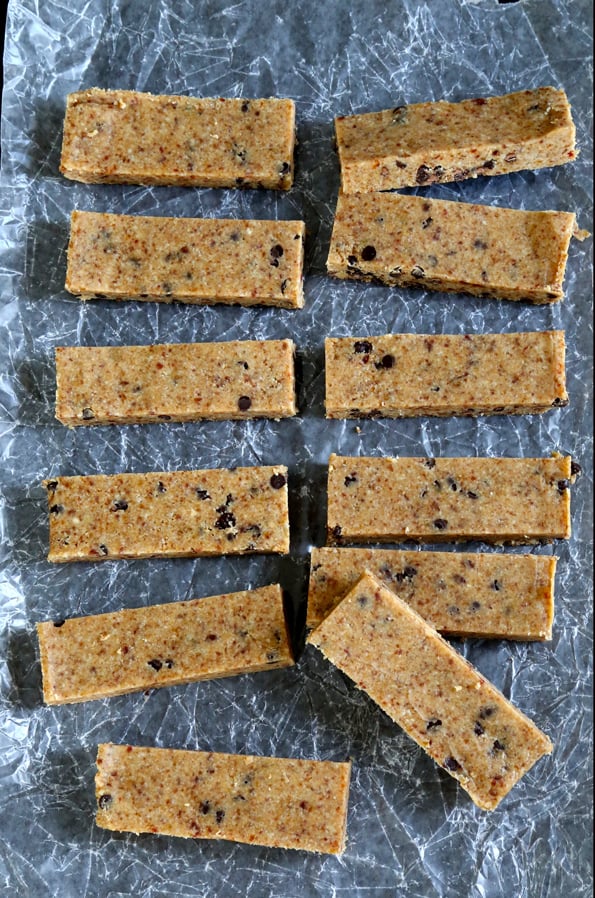 Overhead view of Chocolate Chip LARABAR Copycats on dark surface 