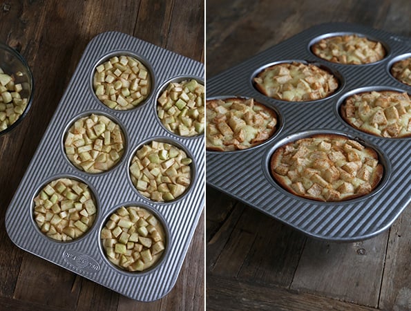 Overhead and side view of apple pound cake in muffin tray