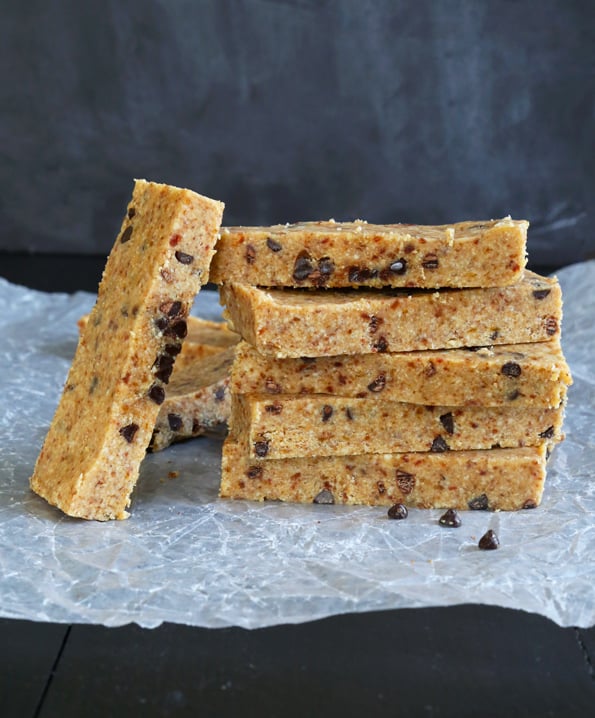 A stack of Chocolate Chip LARABAR Copycats on white surface