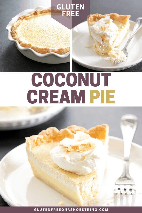 Coconut cream pie baked in a pan, and a slice on a plate.