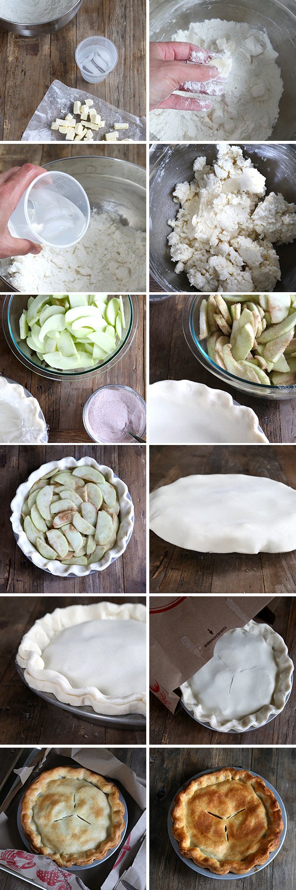 Step by step images making apple pie filling and assembling in a pie crust