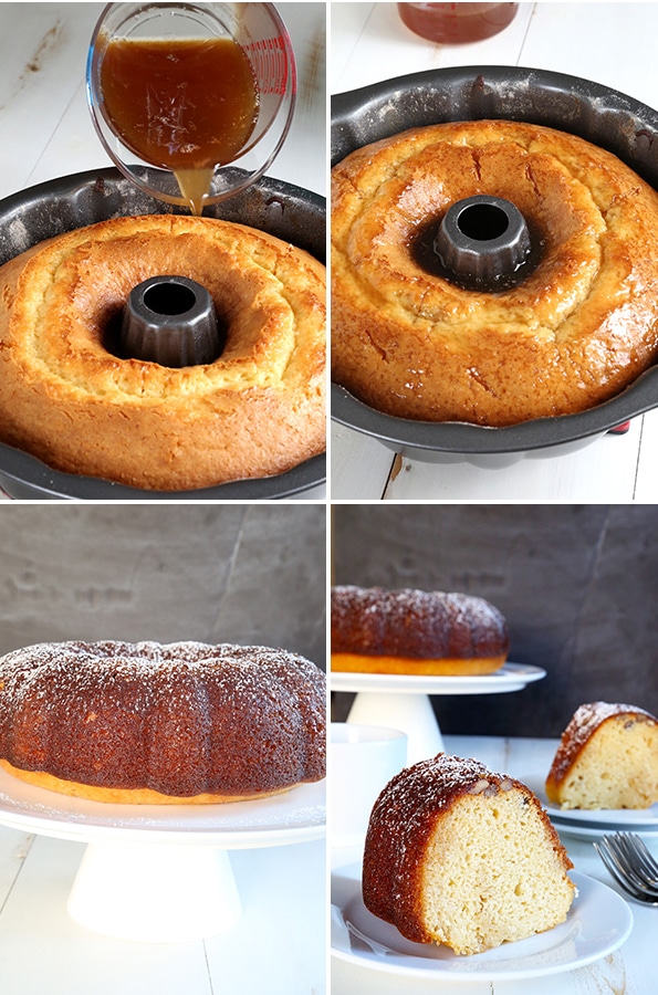 Pouring rum glaze onto gluten free rum cake in bundt pan and cake being served