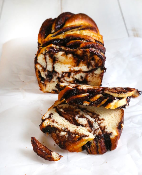 Chocolate babka loaf on white surface 