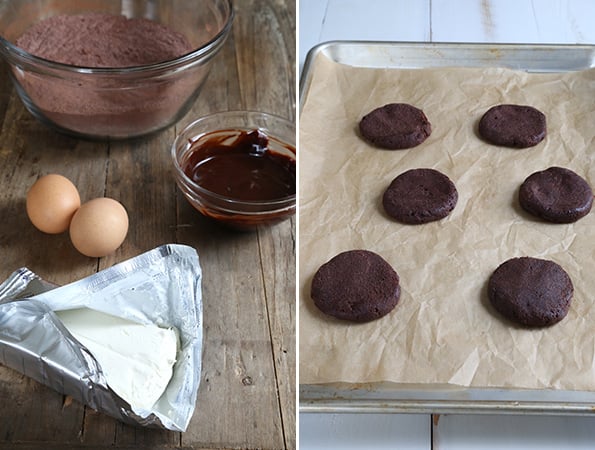 Chocolate cheesecake cookie ingredients on wooden surface and the cookies on brown surface 