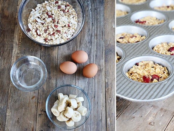 A wooden table with dry ingredients for oaten muffins, a bowl, 3 eggs, and a bowl of bananas with a muffin dish with the muffin batter in it. 