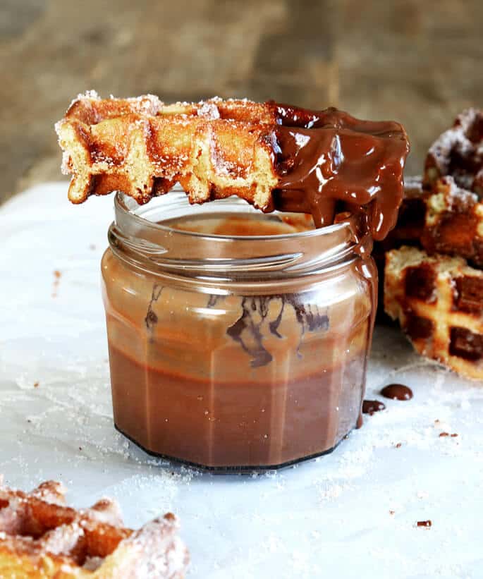 Waffle curry sitting on top of jar of chocolate sauce 