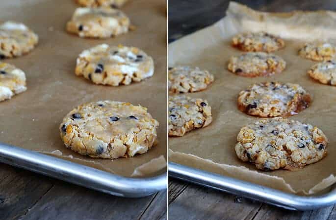 Chocolate chip marshmallow cookies on metal tray