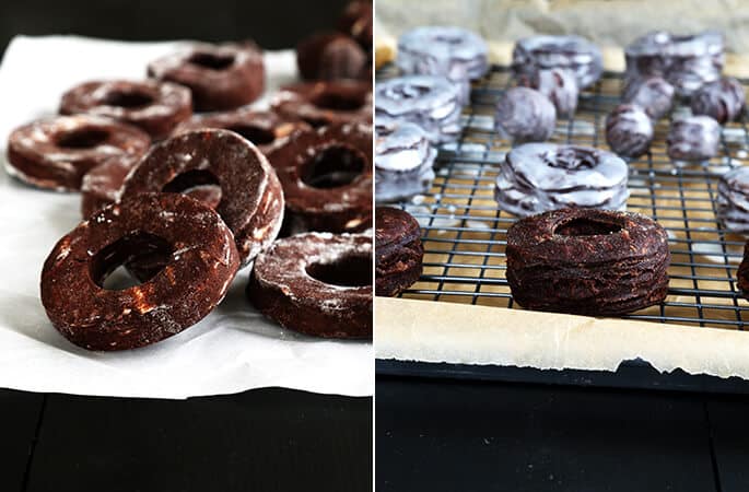 Chocolate donuts before and after glaze