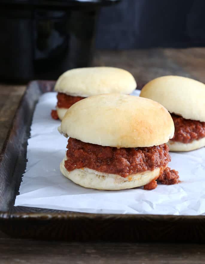 3 sloppy joes on a white surface