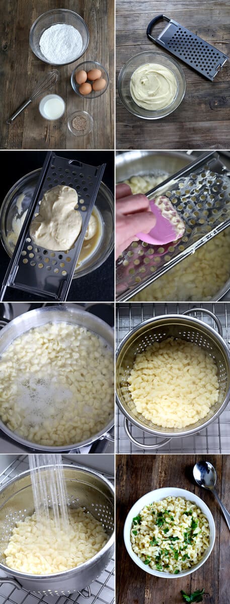 A step-by-step photo collage for making Gluten Free Spaetzle