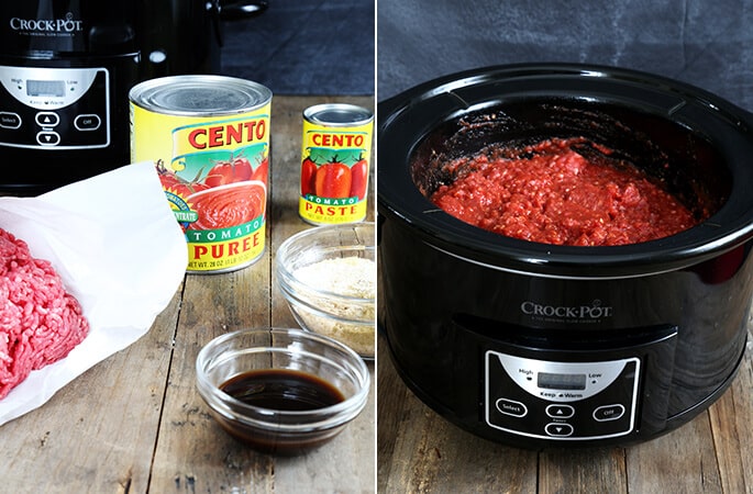 Ingredients for sloppy joes and sloppy joes in black crock pot