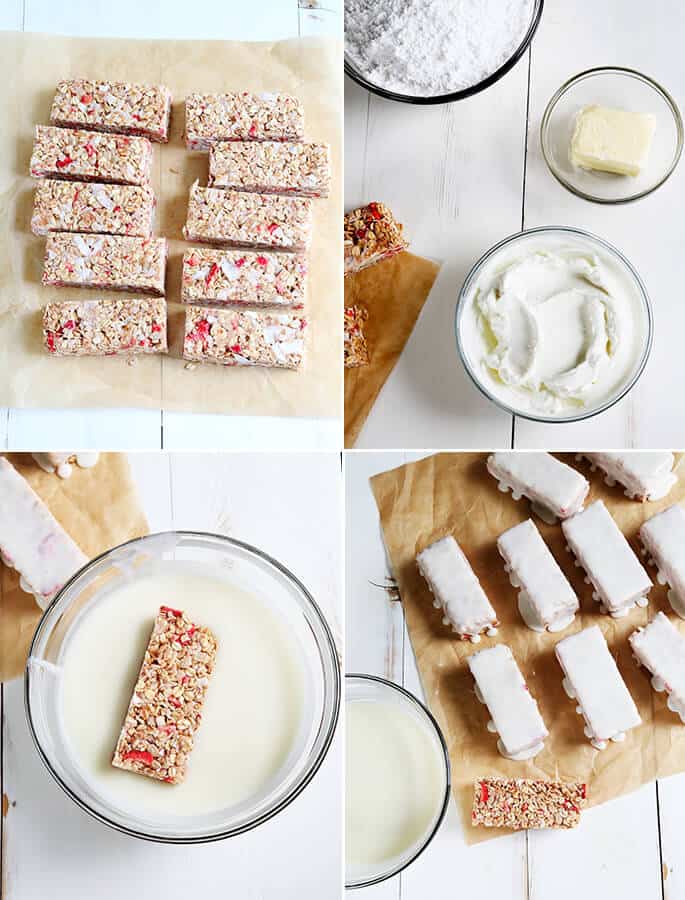 Strawberry bars being coated with yogurt 