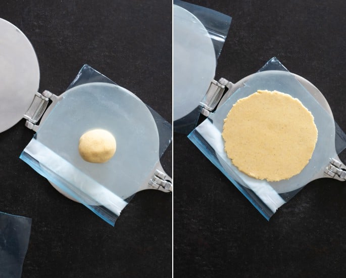 A ball of masa dough on a tortilla press, and the dough as pressed