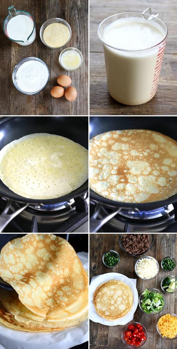 Gluten Free Cornmeal Crêpes with taco fillings, step by step