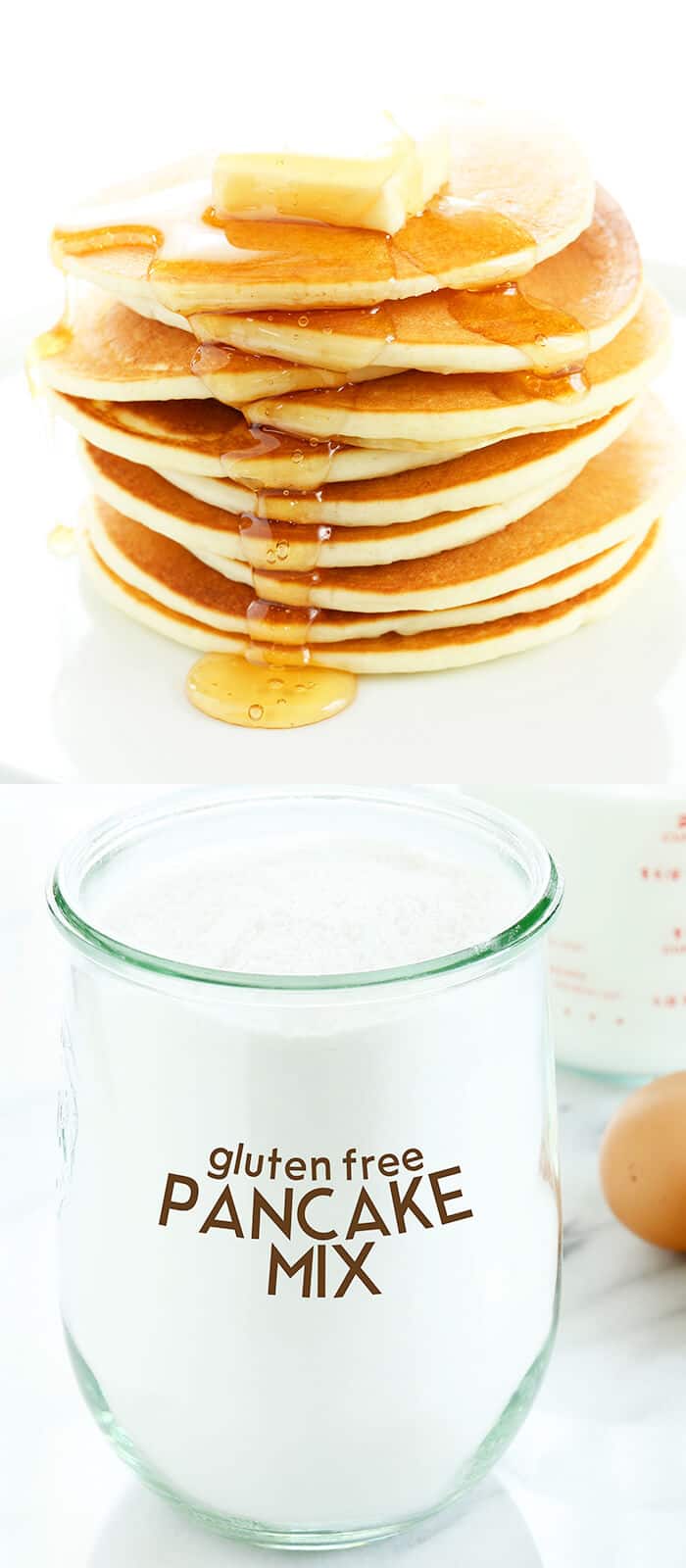 A jar with homemade pancake mix and a plate with a stack of pancakes and syrup