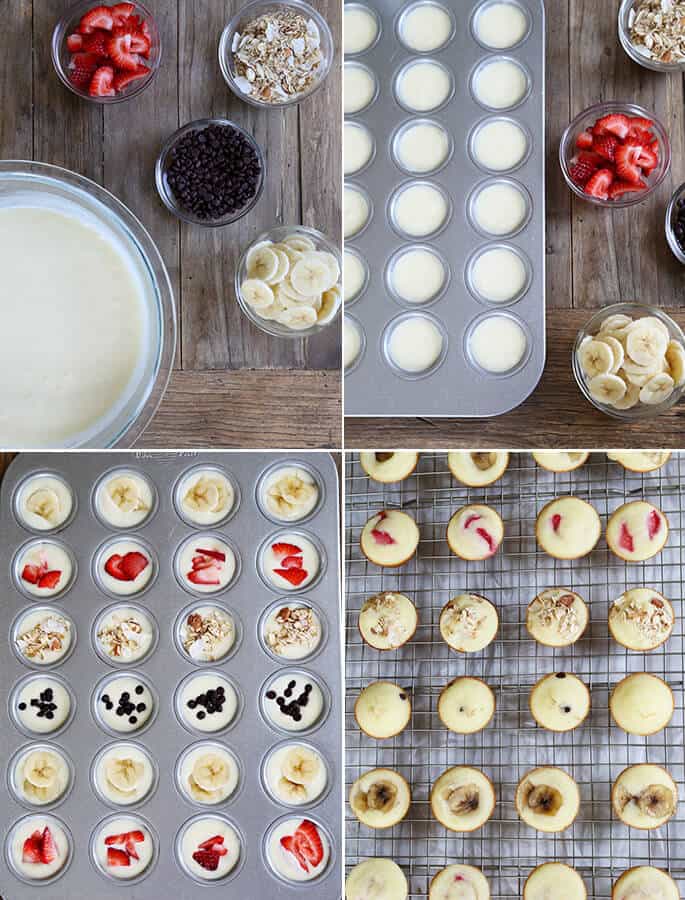 Raw pancake batter in a bowl, in a muffin tin, then baked into pancake bites