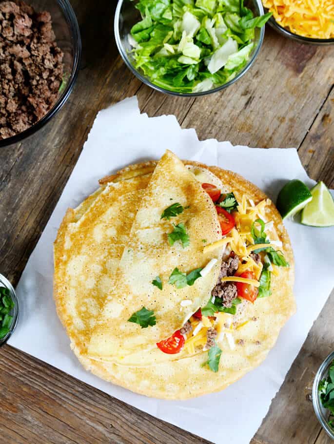 Gluten Free Cornmeal Crêpes, with taco fillings