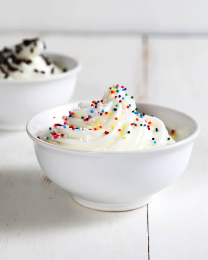 A bowl of frozen yogurt with nonpareils on top