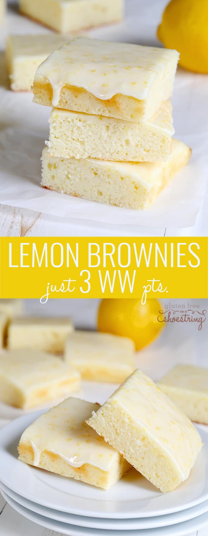 Lemon brownies on white paper and on other white surface