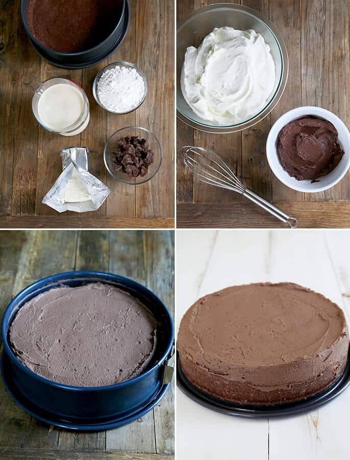 Step by step photos for making no bake chocolate cheesecake