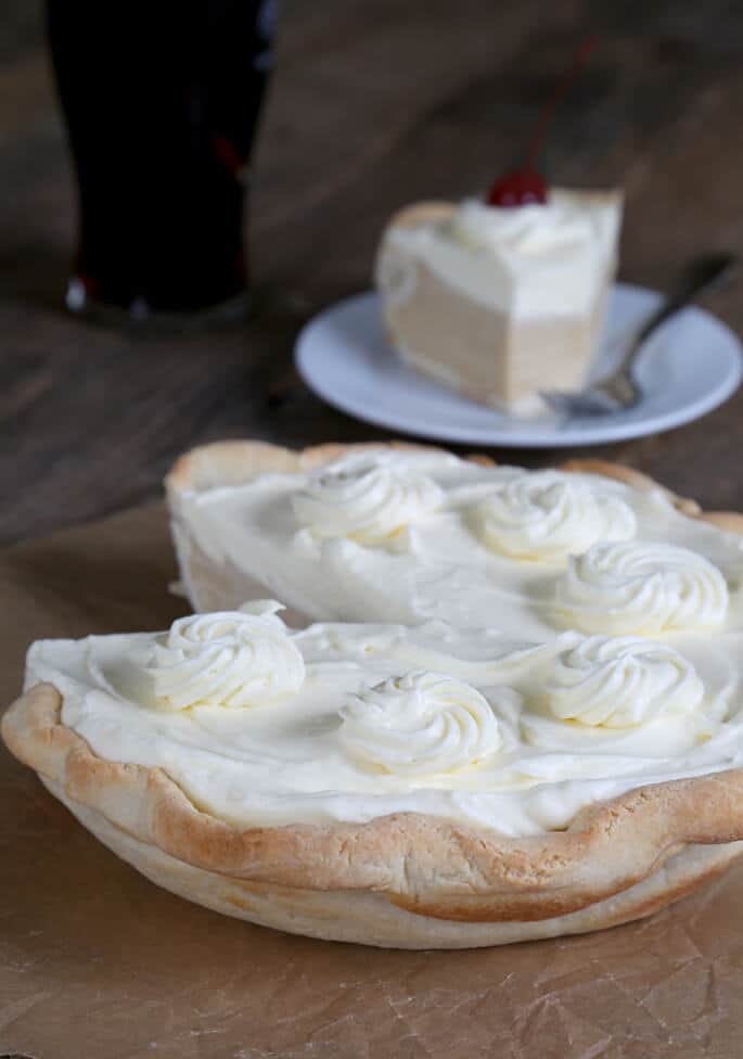 A close up of root beer float pie 