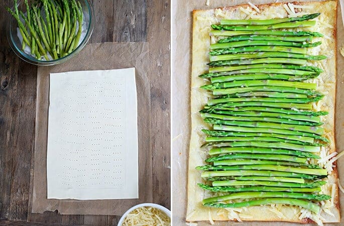 Overhead view of asparagus tart on wooden surface 