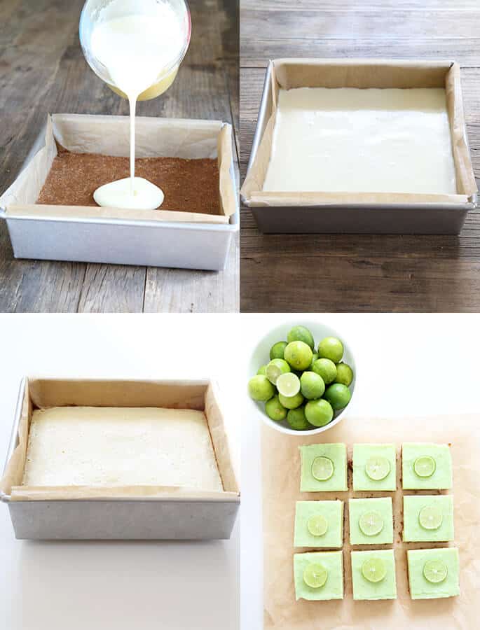 Key lime pie bars being assembled in metal pan, and an overhead view of key lime pie bars on parchment paper 