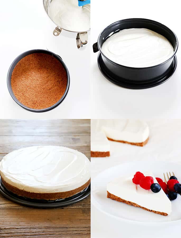 White lower fat cheesecake being assembled and a slice of cheesecake on a white plate