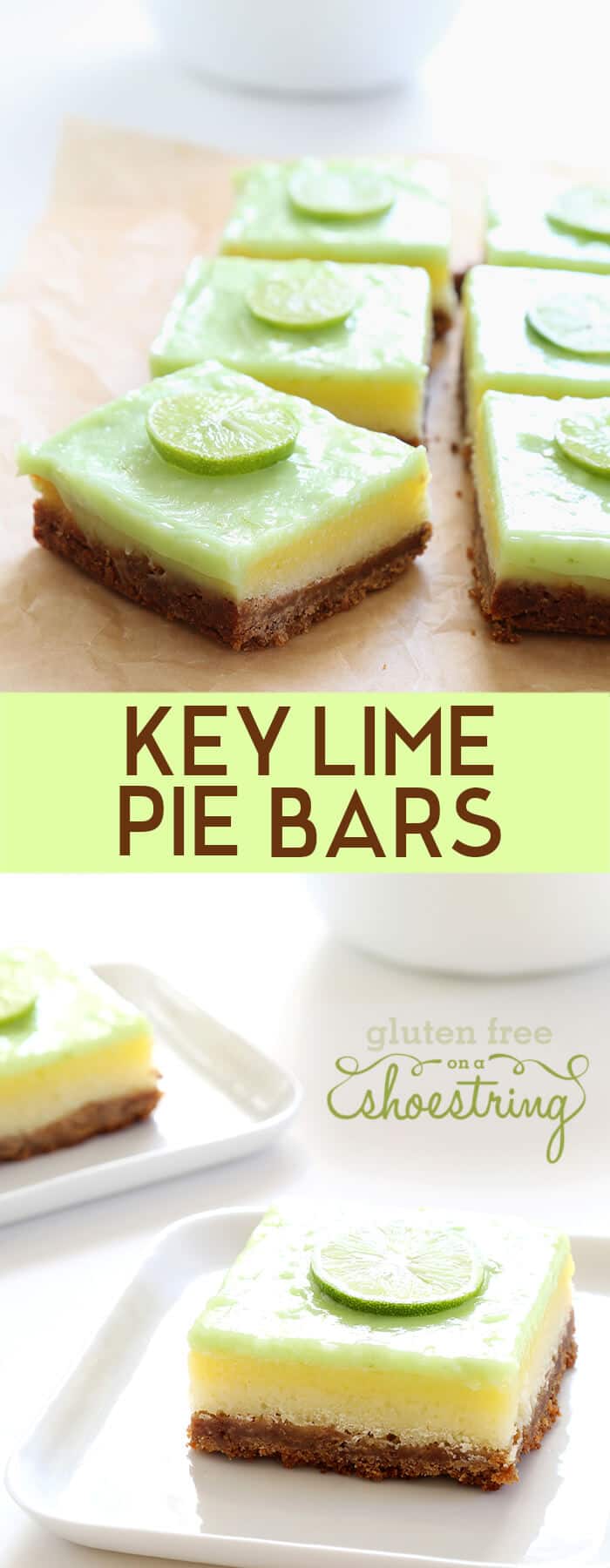 Key lime pie bars on parchment paper and on a white plate 